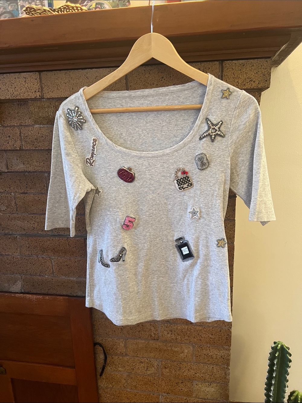 Vintage women’s Embellished Gray Scoop Neck Top with three fourth sleeves